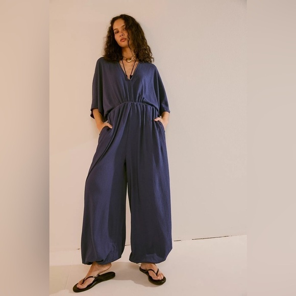 FREE PEOPLE “ Venus One Piece” women’s butterfly sleeve jumpsuit in blue XS nwt - Picture 3 of 16